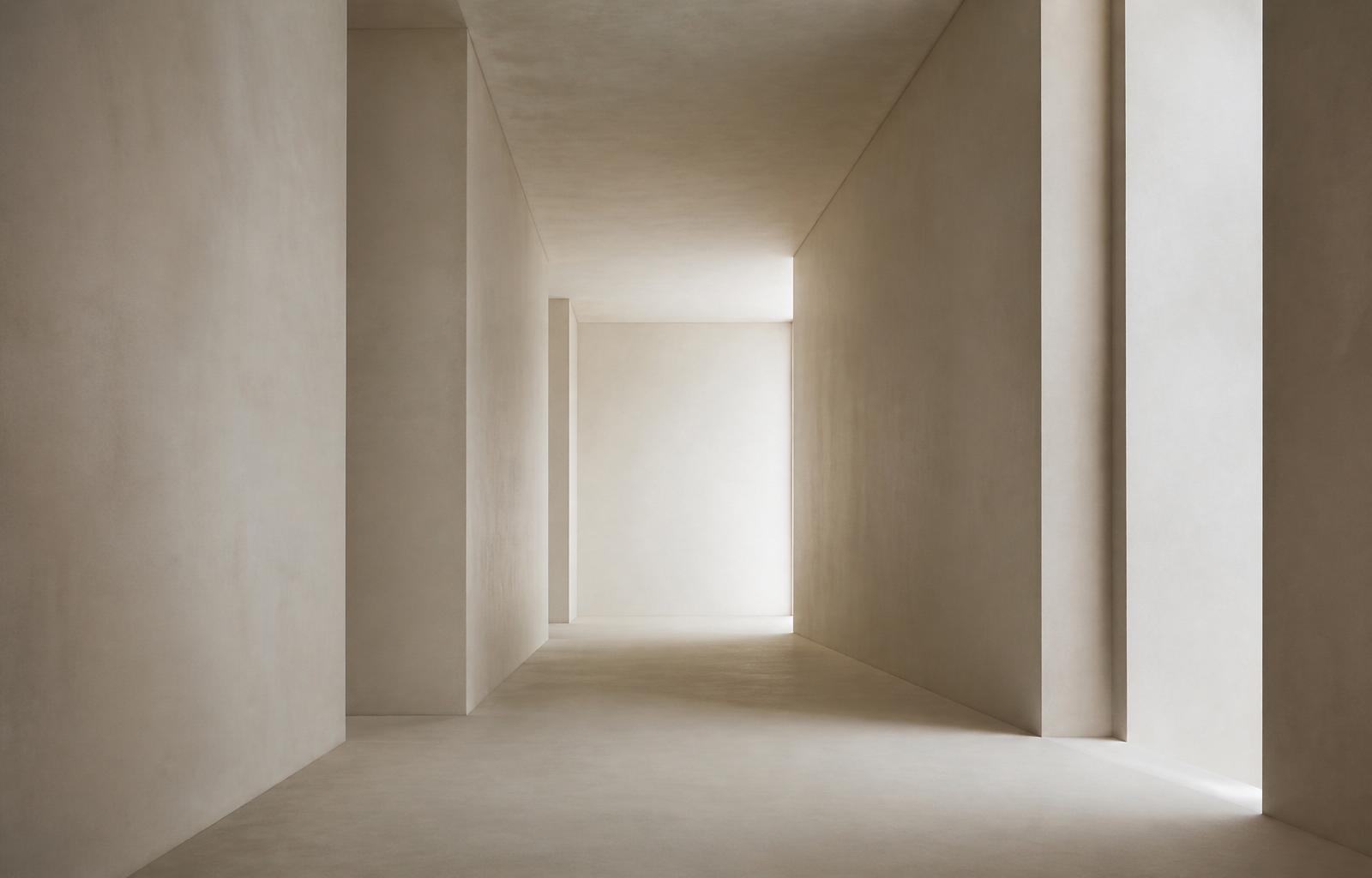 A stark empty corridor bathed in soft light, representing the in-between space